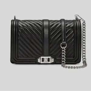 Rebecca Minkoff Love Womens Crossbody Bag Chevron Quilted Black Silver Chain